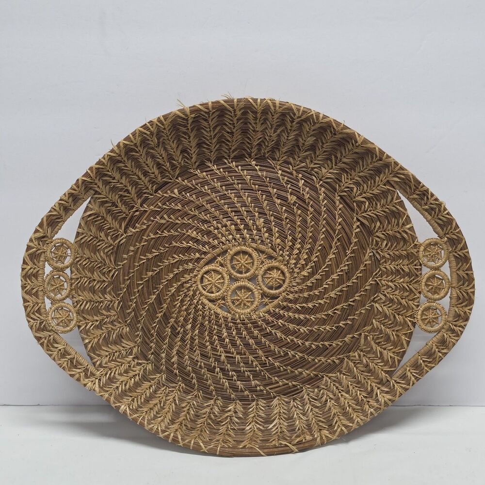 Handwoven Seminole Pine Needle & Raffia Decorative Basket 12.5in Native American